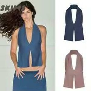 SKIMS Soft Lounge Halter Top Ribbed Front Slit Deep V-Neck Open Back Sleeveless